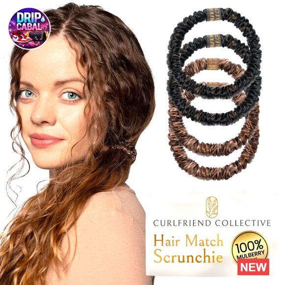 Silk Skinny Scrunchies Anti-Breakage Hair Ties for Curly Thick Hair 4-Pack